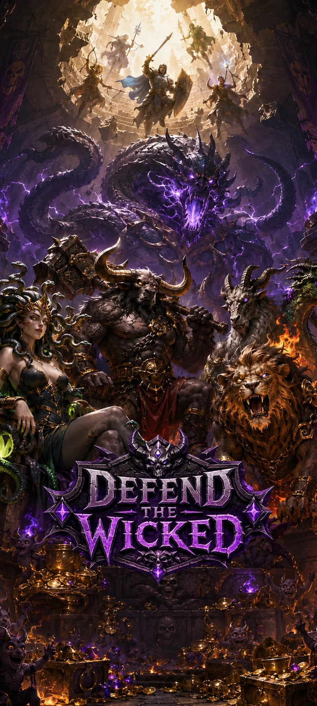 Wicked Wars 官方奇幻战斗插画：英雄、怪物与紫色魔法笼罩的战场