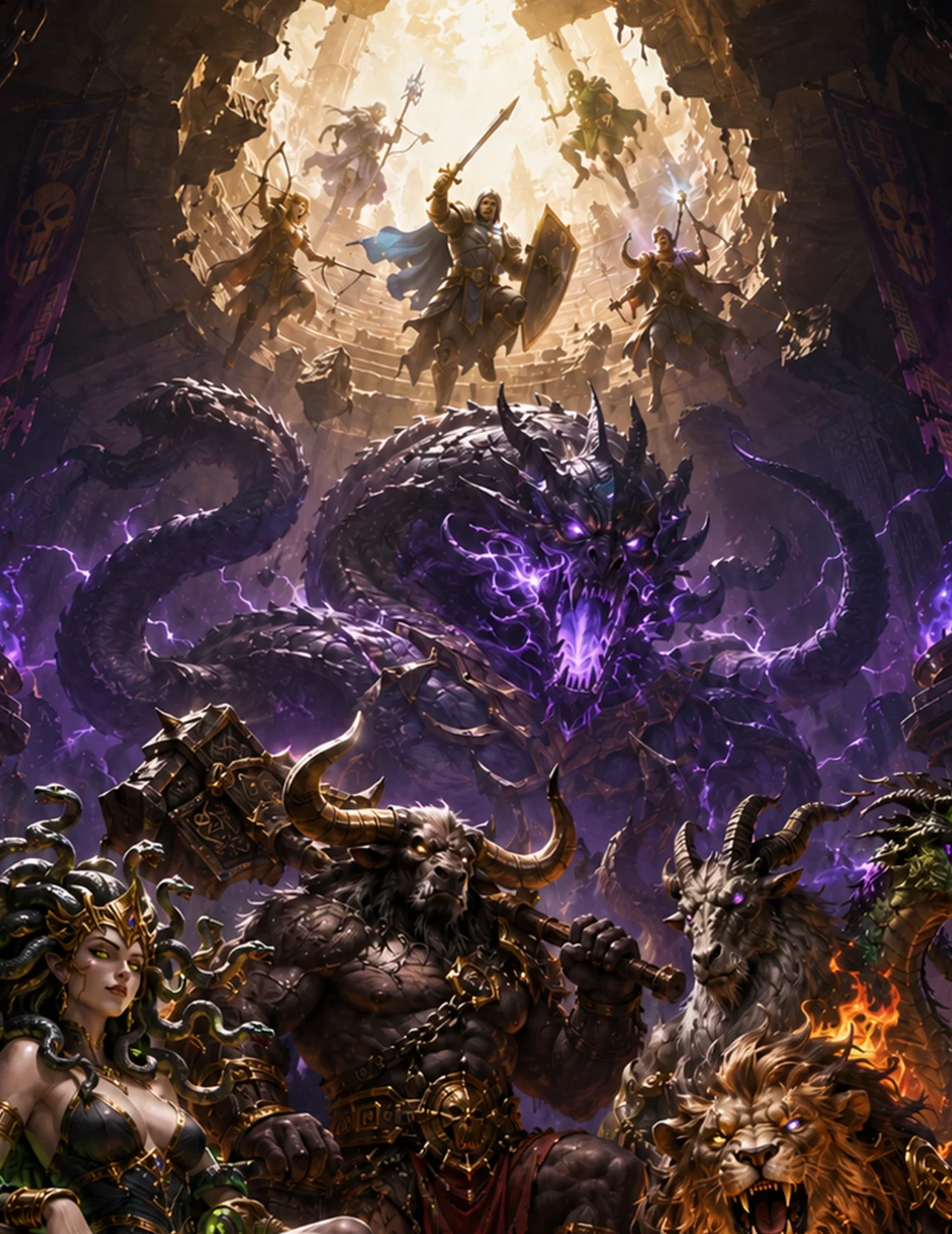 Wicked Wars 官方奇幻战斗插画：英雄、怪物与紫色魔法笼罩的战场